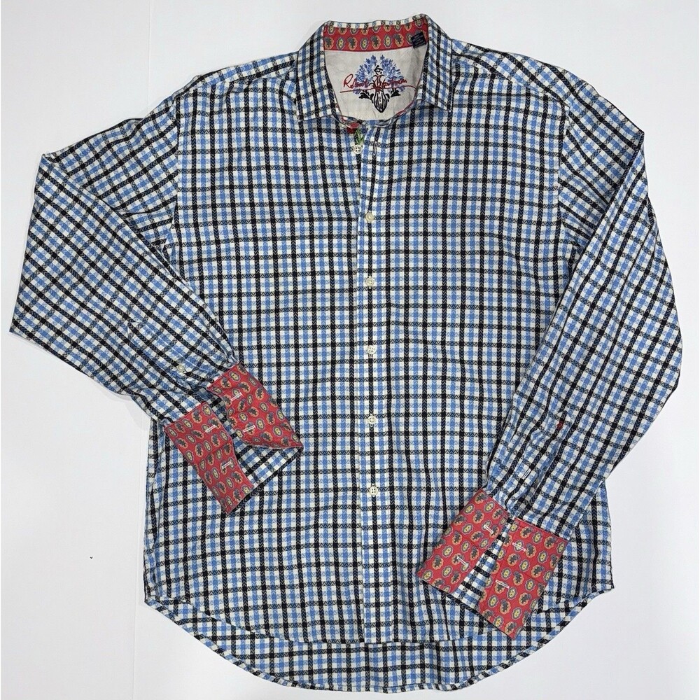 Robert Graham‎ Dress Shirt. Men’s XL Embroidered, Gingham. Flip Cuff Silk Trim